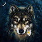 A portrait of a wolf with a daisy in its mouth. Oil on canvas.