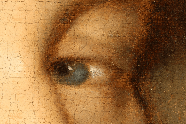Close-up of a classical oil painting showing detailed eye and cracked paint texture, reminiscent of Renaissance portraiture.