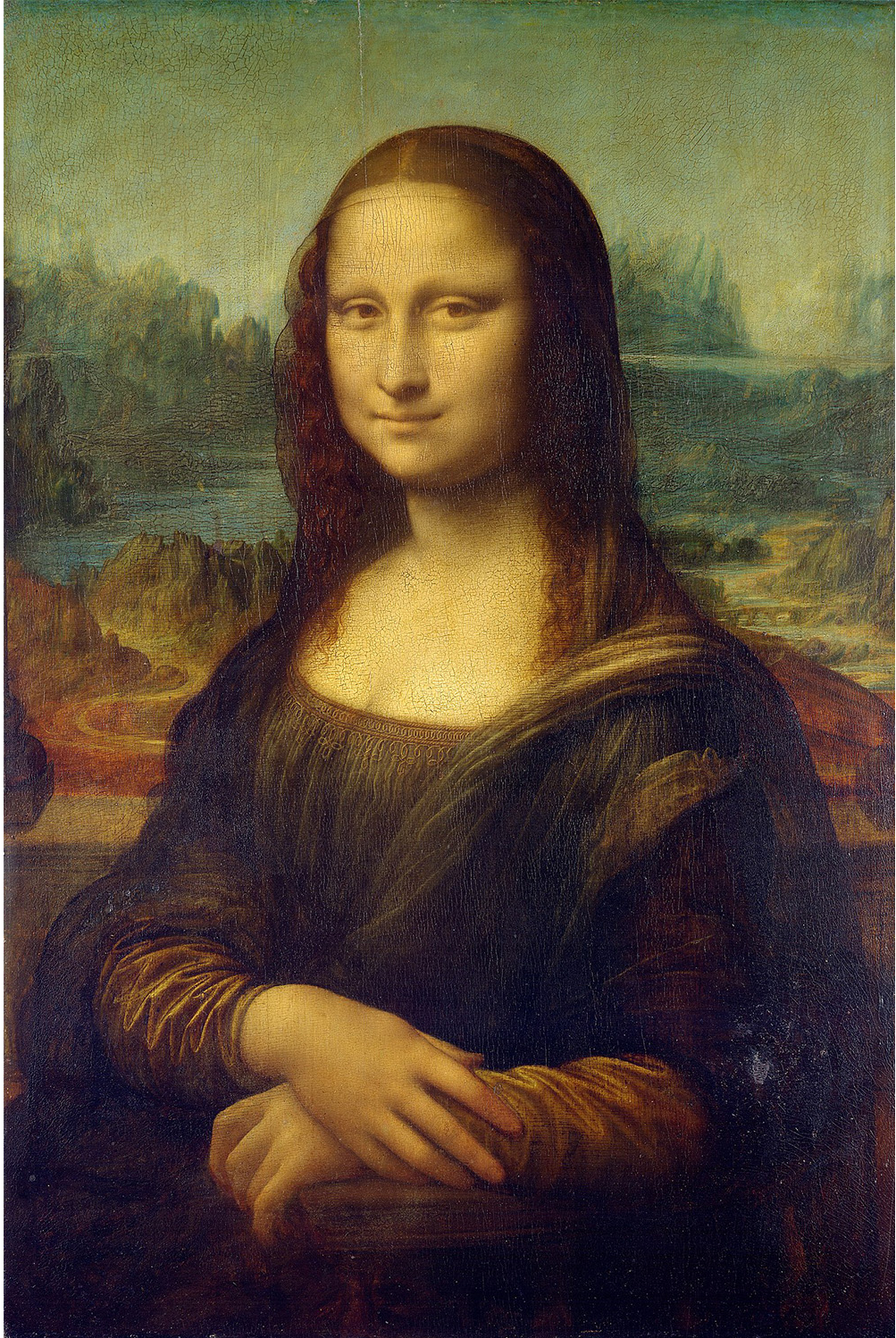 Original Mona Lisa oil painting with historical aging effects Original Mona Lisa painting by Leonardo da Vinci with visible craquelure and aged varnish