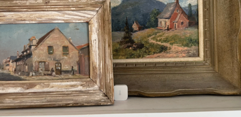Humidity and temperature sensor placed between two antique oil paintings in wooden frames