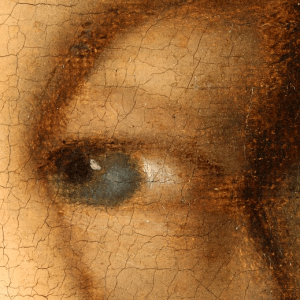 Close up cracked painting Close-up of a classical oil painting showing detailed eye and cracked paint texture, reminiscent of Renaissance portraiture.